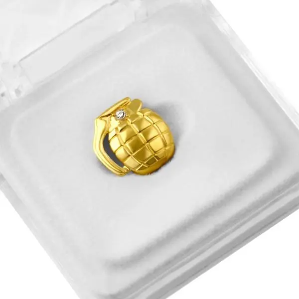 Gold Grenade Single Tooth Hip Hop Grillz, Silicone Body Jewelry, Single Item Costume Accessory with Storage Box