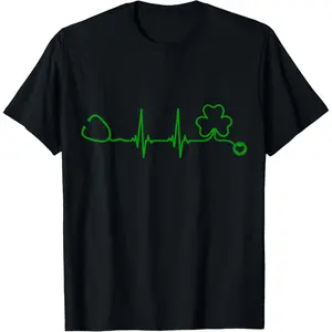 Heartbeat with Shamrock Stethoscope Celebrating St Patrick's Day Nurse T-Shirt