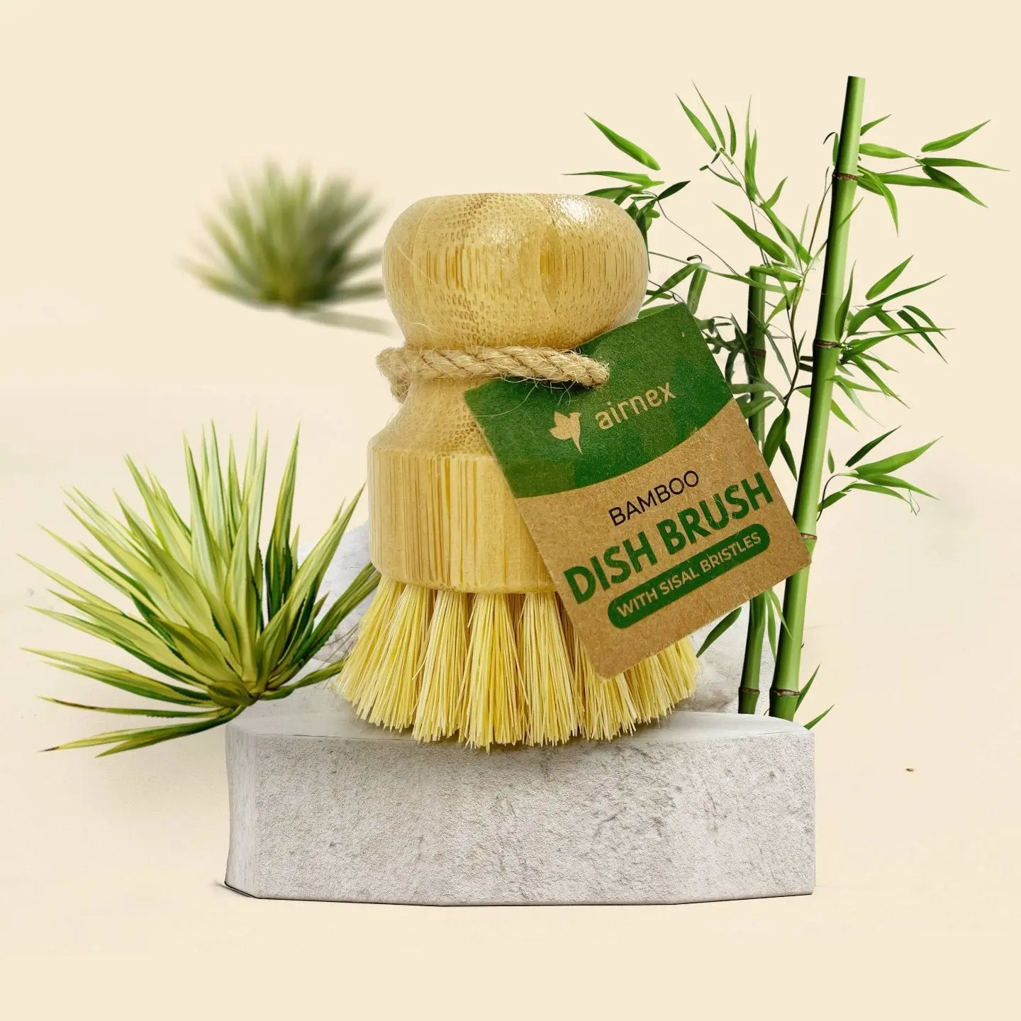AIRNEX Eco-Friendly Bamboo Dish Brush - Ergonomic Sustainable Products, Quick-Drying Non-Scratch Pot Scrubber Scourer, Bamboo Handle, Odor-Free Removable Washable Vegetable Fiber Tool for Kitchen Care