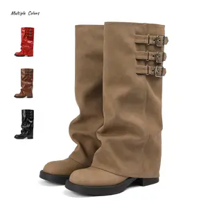 Women's Knee High Boots Pull On Buckle Boots Fall Slouchy Fold Over Tall Knee High Boots  Slouchy Fold Over Motorcycle Riding Boots With Buckle Women's Wide Mid Calf Casual Comfortable Moto Biker Winter Boots AOSPHIRAYLIAN