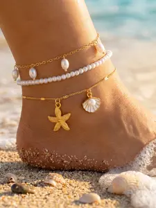 3-Piece Ankle Bracelet Set, Vintage Bohemian Style, Starfish Shell Pendant, Beaded Imitation Pearl Chain, Elegant Foot Jewelry for Women