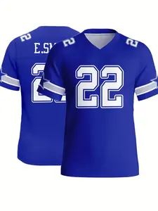Nfl Football Fanwear - 22 Number Short Sleeve Game Jersey, Blue Breathable Sweat-Wicking, Sporty Geometric Design, Perfect Gift Choice