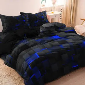 3pcs 3D Geometric Cube Blue Plaid Patchwork Duvet Cover Set | Soft and Breathable Machine Washable - Available in Double Size, Full Size, Queen Size, King Size for All Seasons Comfort (1 Duvet Cover + 2 Pillowcase, No Filling) Bedroom Bedding Set