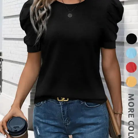 New Summer Women's Round Neck Puff Sleeve T-Shirt, Womenswear Fitted Slimming Casual Chic Top, Elegant Versatile Casual High-End Style, Unique Design
