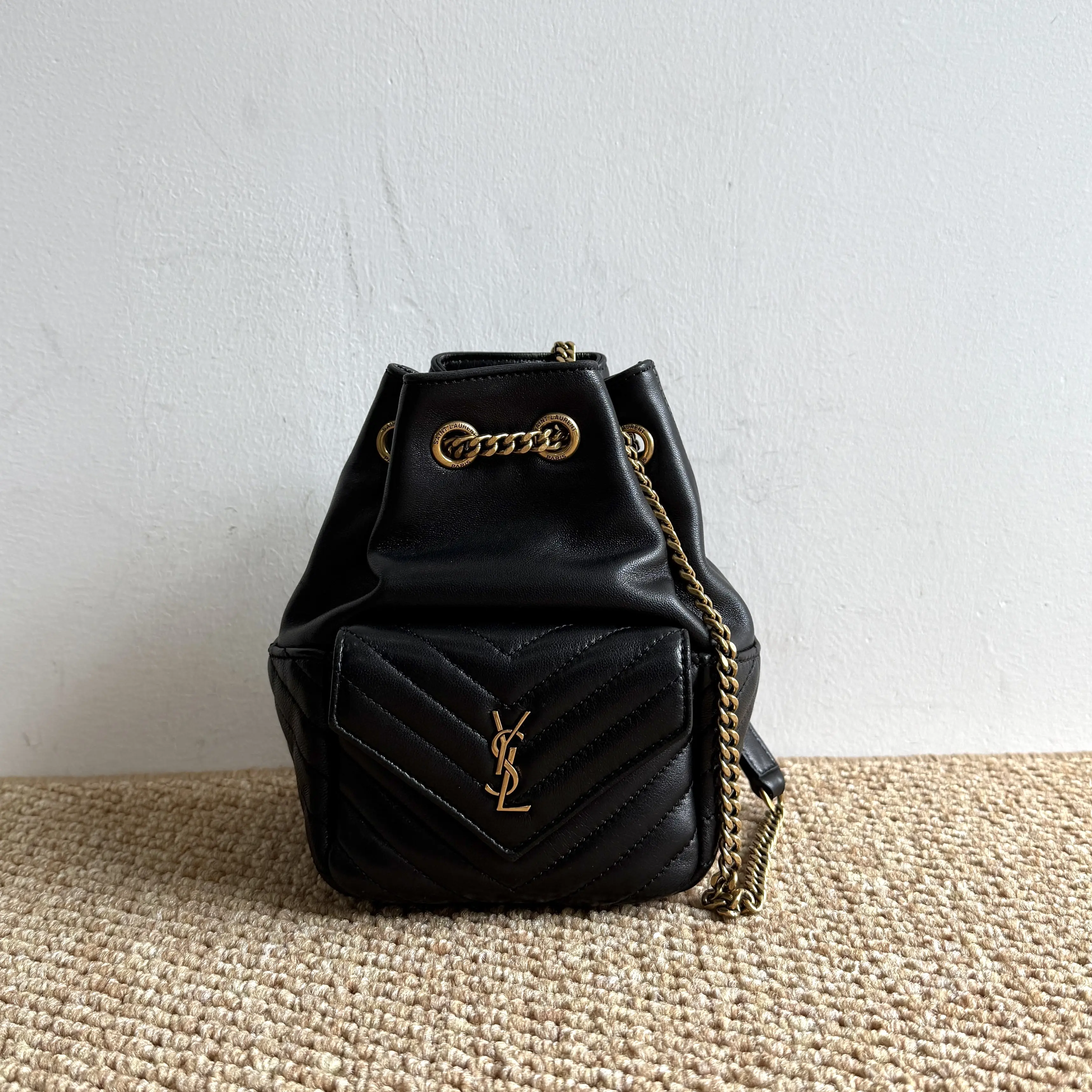 Pre-owned Yves Saint Laurent YSL Saint Laurent Joe Mini Bucket Bag – Authentic Black Lambskin with Gold Chain, Crossbody Designer Bucket Purse