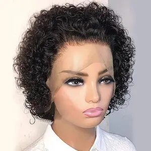 Ssawhair Short Bob Curly Pixie Cut Wig Human Hair HD Transparent 13 * 1 Lace Front Wig Brazilian Human Hair Curly Wigs For Black Women Glueless Natural Color 6 Inch