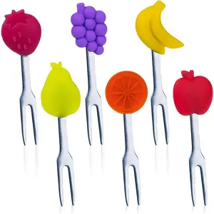 Cocktail Forks, 6-Piece Appetizer Forks, Fruit Shapes, Stainless Steel and Silicone Small Forks for Fruits, Cheese, Appetizers
