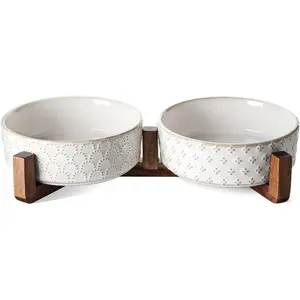 Bowl Set with Acacia  Stand - 1.5-Cup Ceramic Puppy Bowls for Small Dogs, Dual  and Water Bowls with Weighted Non-Slip Base, Clover