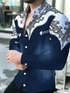 Men's Printed Long Sleeve Shirt, Trendy Fashion Casual Top, Slim Fit Design Daily Wear Blue Gradient Pattern Men's Shirt