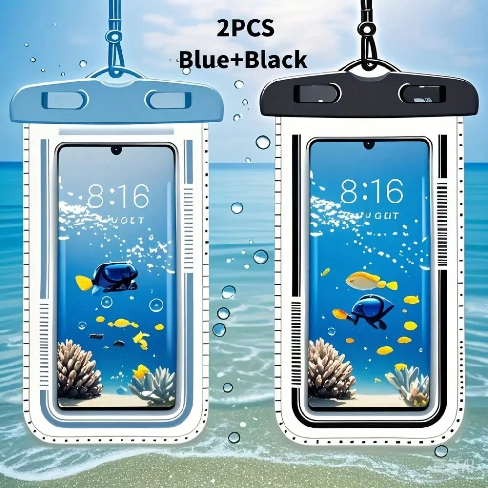 2-Pack IPX8 Waterproof Cellphone Casing Cover Protector, Fits Most Devices Up to 7.2in, Blue & Black, Universal for Android & Smartphones, Ideal for Beach & Swimming (Personal Use & Gifting)