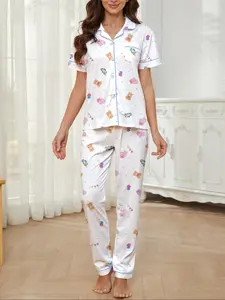 Cute Bear Rabbit Duck Toy Car Balloon Cartoon Print Women's Sleepwear Set, Casual Fitted Short Sleeve Top and Loose Elastic Pants