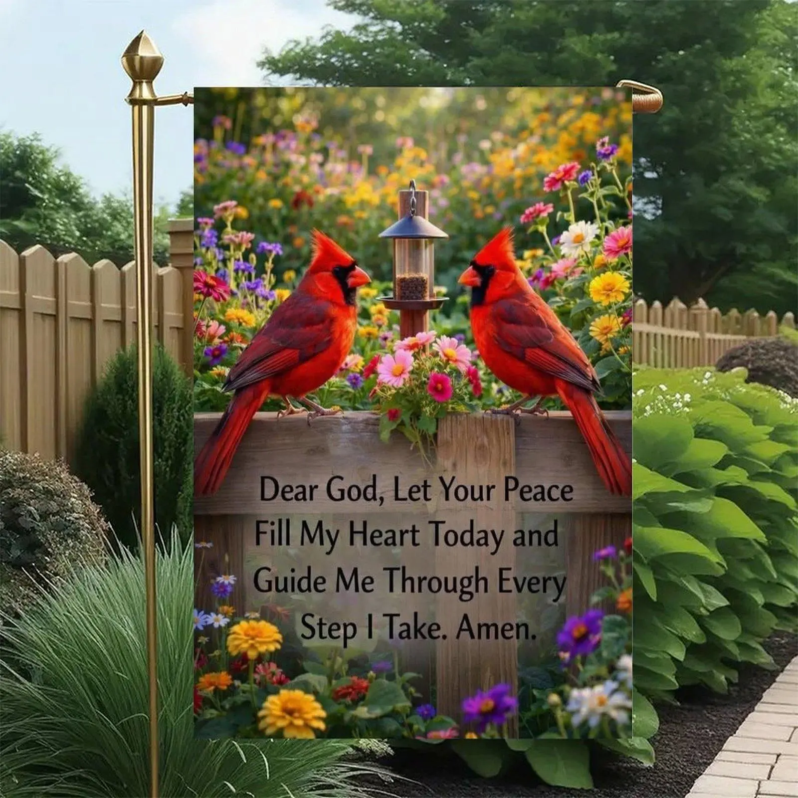 Dear God Peace Prayer Two Cardinals Wooden Fence Wildflower Bird Feeder Religious Garden Flag Double-Sided 12x18in, Faith Christian Porch Lawn Sign
