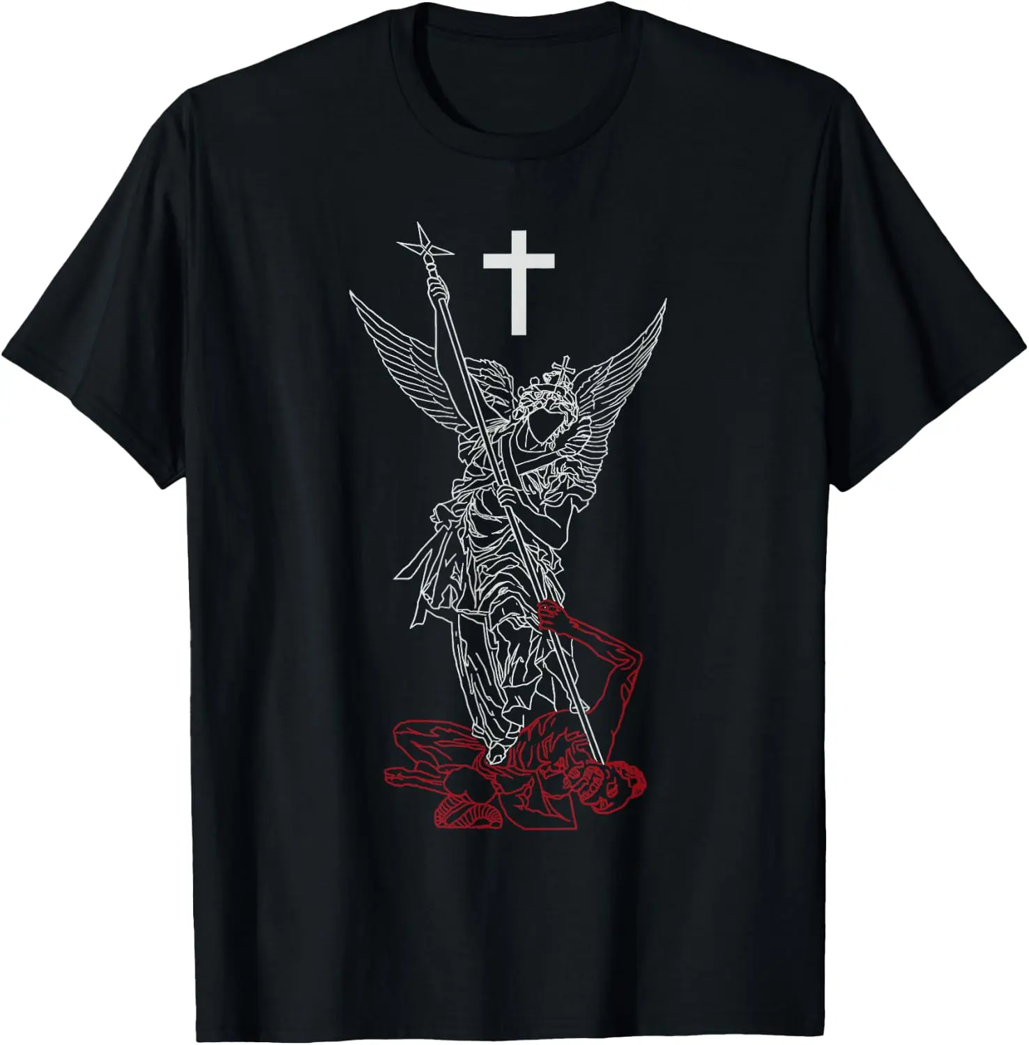 Saint Michael The Archangel Defeating Satan Warrior Graphic Tee, Christian Religious Faith Vintage Print Soft Casual Unisex Streetwear Short Sleeve Clothes For Men Women, Sporty Chic