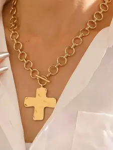 Vintage Geometric Round Pendant Necklace, Metal Cross Design, Thick Chain Jewelry, Suitable for Women, Casual Fashion Accessory, Modern Fashion Accessories