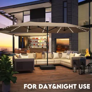 【Garden Essential】15ft Large Patio Umbrella with Solar Lights, Outdoor Double-Side Rectangular Umbrella with Base Included, Backyard Pool Umbrella with LED Light for Deck, Outside, Market, Beige