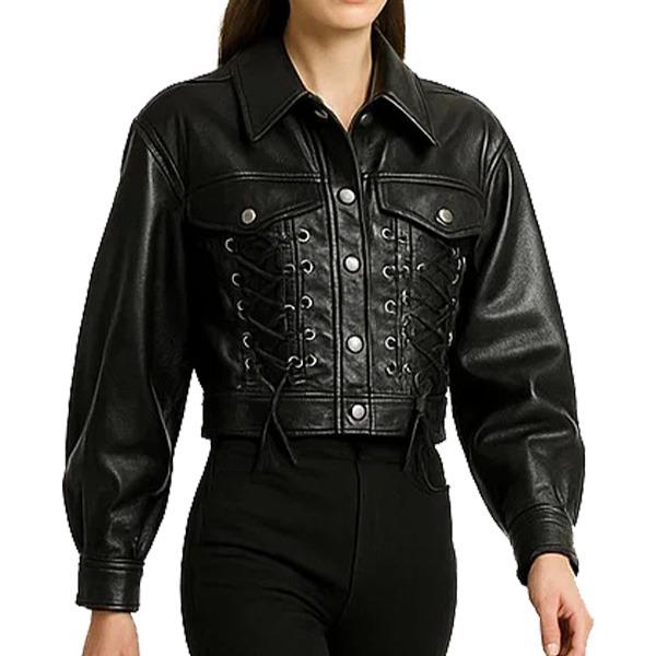 Women's Black Leather Lace-Up Corset Jacket – Cropped Moto Style with Snap Button Closure