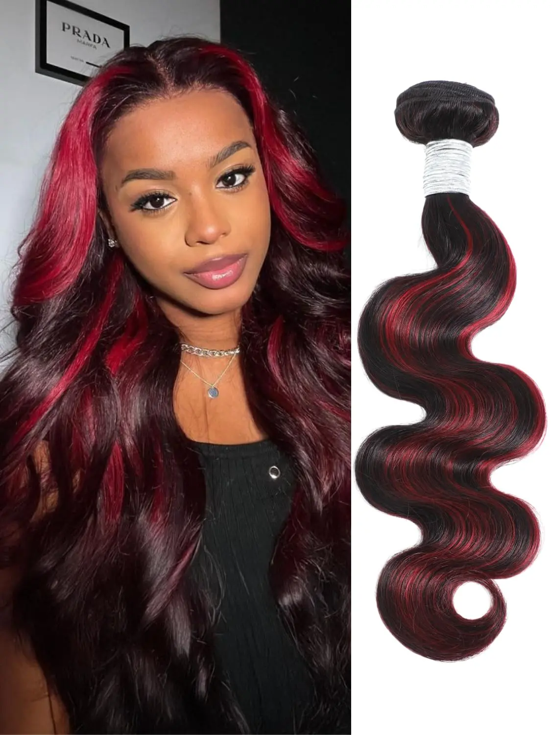 ALHER99J 12A 100% Virgin Burgundy-Black Ombre Red Highlight Body Wave Human Hair Bundle, 24in Thick Track Brazilian Quick Weave Sew-In Remy Glamorous Human Hair Extensions & Pieces, Virgin Hair, Double Weft