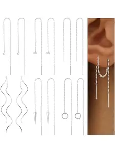 6 Pairs Stainless Steel Chain Tassel Earrings for Women Lightweight Wave Threader Ball Dangle Drop Minimalist Chain Earrings Set
