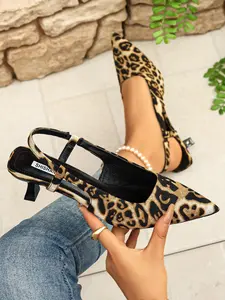 Women's Leopard Print Pointed Toe Slingback Heels, Kitten Heel Back Strap Shoes for Office, Vacation & Night Out