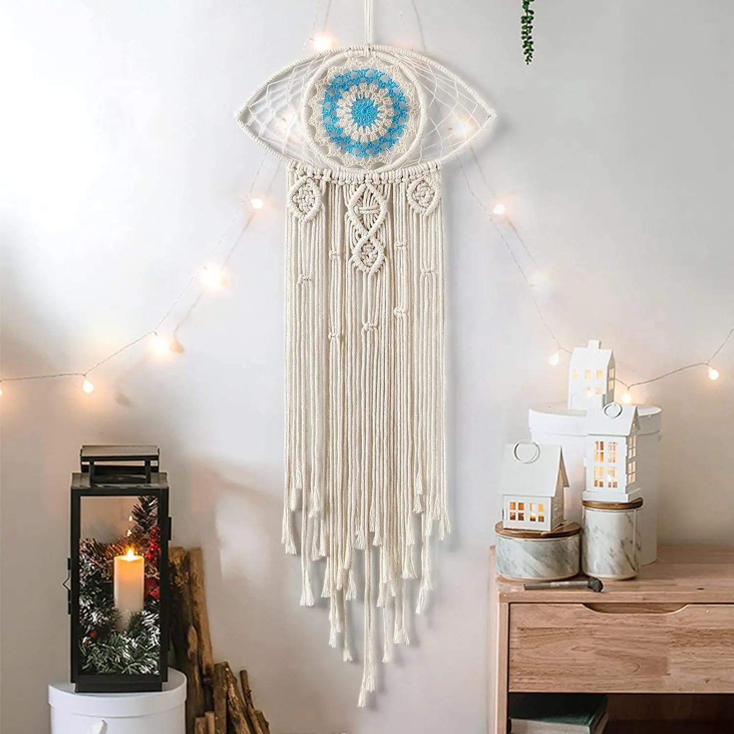 Large Traditional Ethnic Cotton Nature-Infused Boho Evil Eye Macrame Dream Catcher Wall Hanging, Beige Home Decor Ornament for Bedroom, Ideal Gift, Hangable