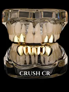 CRUSH CR 3pcs 14K Gold Plated Copper Vampire Fangs Wolf Teeth Grillz Fake Teeth, Silver & Gold Finish – Cool Hip-Hop Tooth Jewelry for Female, Black Women, Girls, Men & Boys. Perfect for Parties, Halloween, Cosplay & Gifts! Trendy Bling