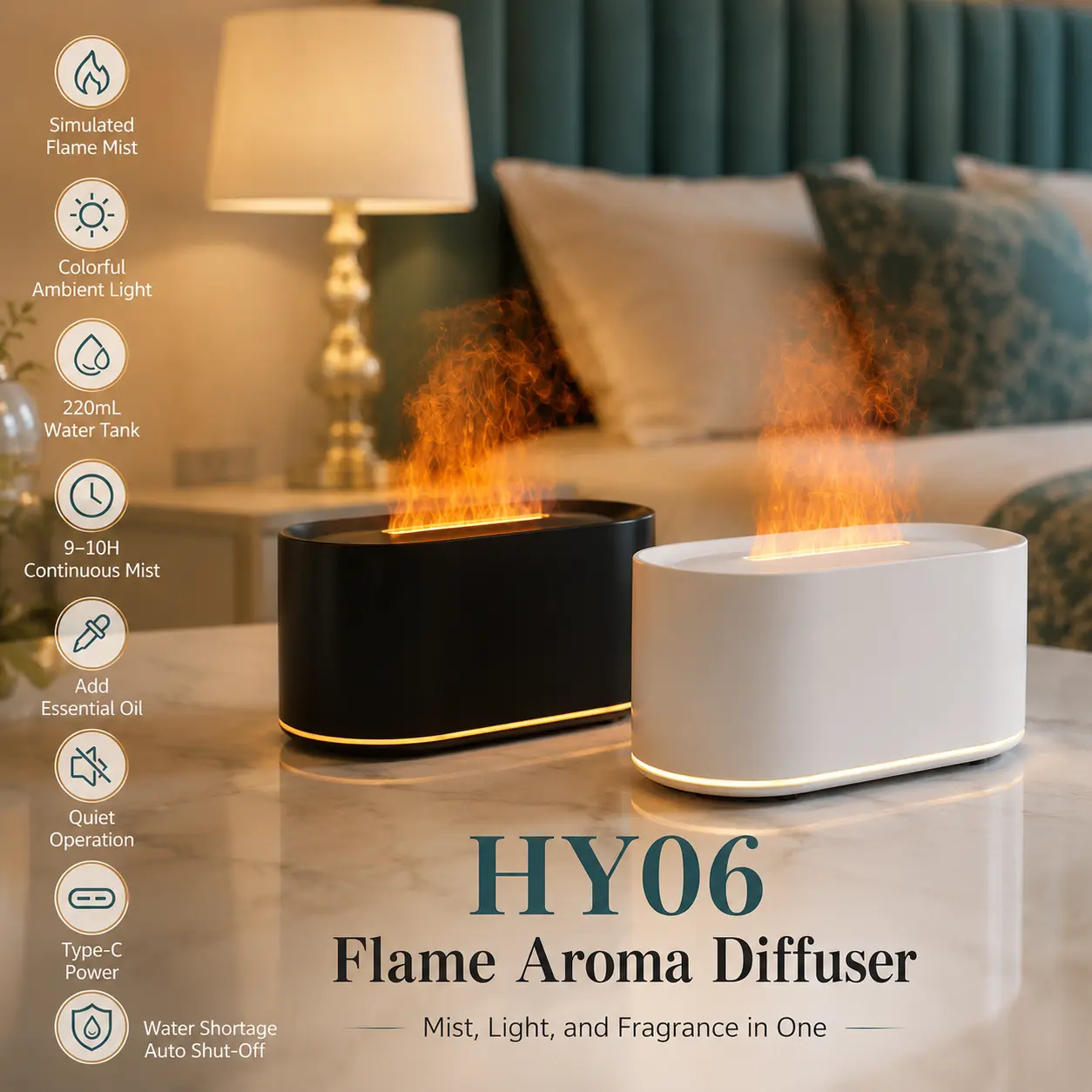 Flame Essential Oil Diffuser, USB Powered Cool Mist Humidifier with 7-Color LED Light, Desktop Aroma Diffuser for Bedroom, Office & Home Decor
