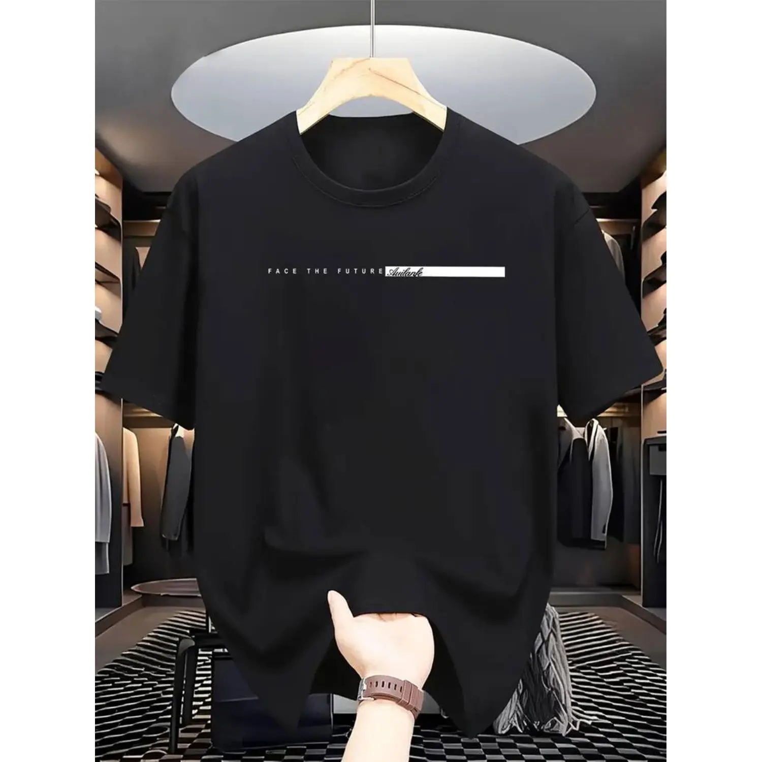 Men's Streetwear "Facing Future" Digital Print T-Shirt, Short-Sleeve Round Neck, Regular Fit in Stretch Polyester Knit Fabric, Menswear, Fashion, Crew Neck, Casual, Shortsleeve, Tshirt, Stretch Fabric, Top, Cotton With Stretch