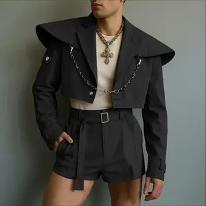 INCERUN Autumn Winter Men's Fashion Cape Collar Cropped Jacket High Waist Shorts Set Trendy Personality Street Party