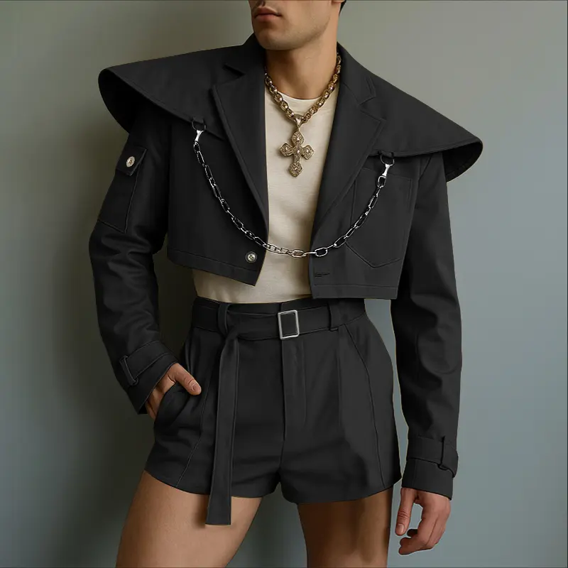 INCERUN Men's 2-Piece Clothes Set, Avant-Garde Menswear Style, Plain Polyester with Cape Collar Longsleeves Jacket & High-Waist Shorts, Oversized Fit, Fabric, Mensfashion, Cape‑Like Drape