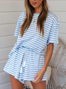 Lazy Style Casual Striped Loungewear Two Piece Set Loose T Shirt and Drawstring Tassel Shorts