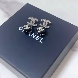Pre-owned Chanel Crystal Silver CC Logo with Black Acrylic Dice Drop Earrings 1108GIA0062