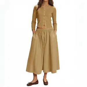 Tankaneo Womens 2 Piece Skirt Sets 3/4 Sleeve Knit Cardigan Elastic Waist Midi Skirt Outfits Casual Matching Dress Set