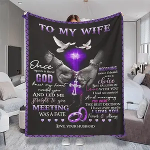 Romantic Husband - to - Wife Message Throw Blanket, Colorful, Multiple Specifications Available, Soft Fabric, Perfect for Couples' Snuggling, Bedroom & Living Room Use, Heartwarming Design with Doves & Cross, Ideal Gift for Wife