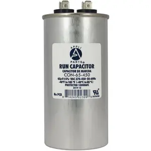 Appli Parts Run Capacitor for ac 65 Mfd uF (microfarads) 370 VAC or 450 VAC CBB65 Round Universal fit for hvac and other applications 4-3/4 in High 2 in Wide CON-65-450
