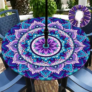 Buwuta Round Outdoor Tablecloth with Umbrella Hole Waterproof Round Patio Table Cover Wipeable Round Fitted Tablecloth for Outside, Picnic, Garden Fits to 40''-44'' Patio Tables