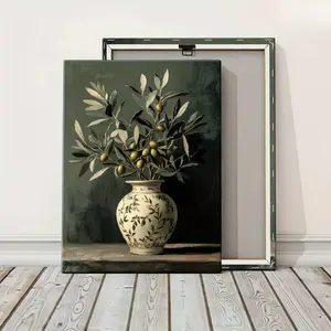 Vintage Olive Branch Oil Painting on Canvas - Antique White and Dark Green Plant Wall, Suitable for Living Room, Bedroom, Office - Unique Housewarming or Father's Day Gift Idea