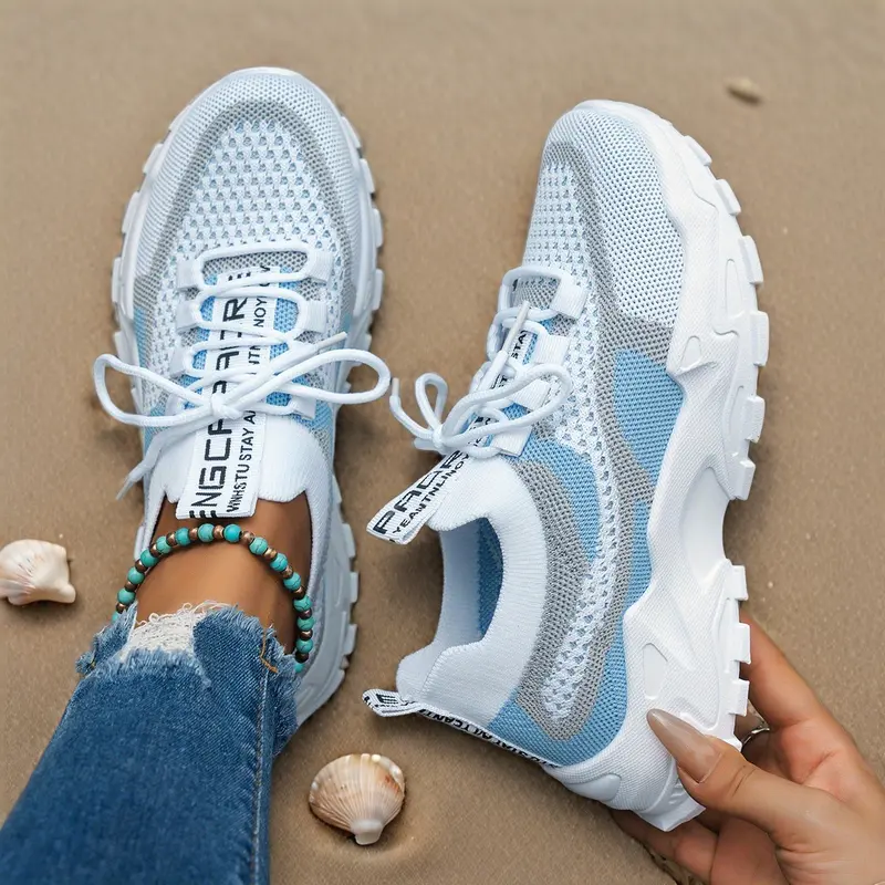 Women’s White & Light Blue Mesh Chunky Sole Sneakers | Breathable Lightweight Casual Shoes for Summer, Daily Outfits & Comfortable Walking Trainers