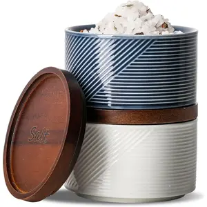 Salt and Pepper Bowls: 10 oz Ceramic Stackable Spice Cellar with Wooden Lid - Stacked Seasoning Storage Containers for Countertop Stovetop - Striped, White & Navy