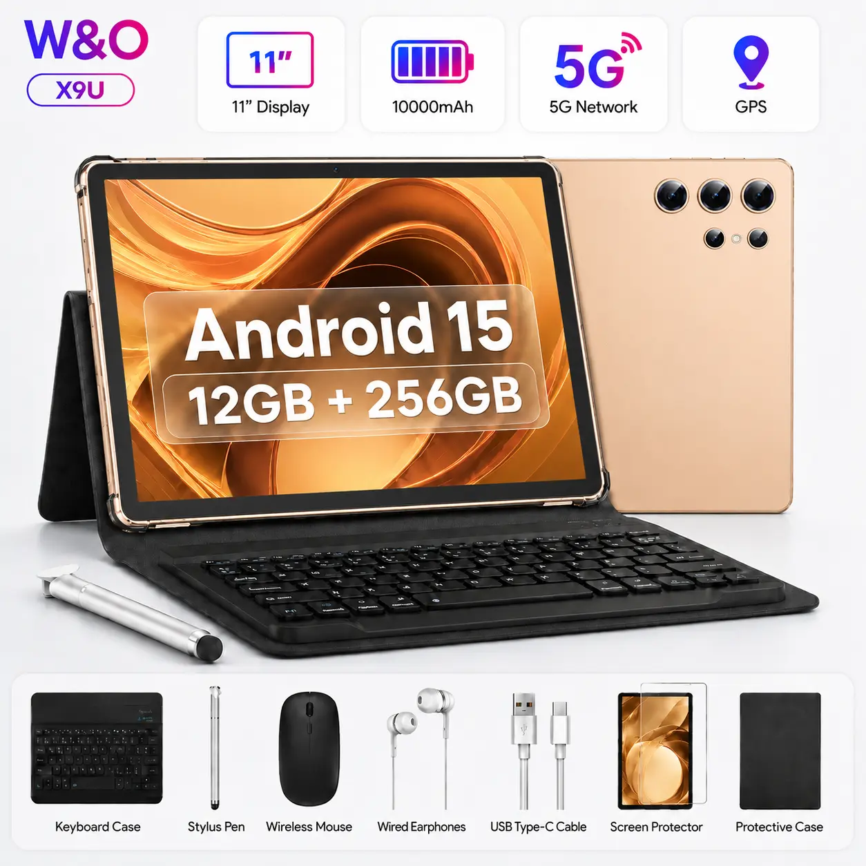W&O X9U 2026 Android 15 Tablet - 11" Display, 12GB RAM+256GB Storage, 10000mAh Battery, 5G WiFi, GPS, Keyboard, Mouse & Stylus Bundle, Back to School Tablet for Students, Study, Work & Entertainment