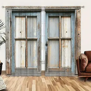 Vintage Wooden Window Design Door Curtain, 1 Set Exquisite Retro Door Curtain, Home Decor for Living Room Bedroom Hotel Salon, Barn Door Design