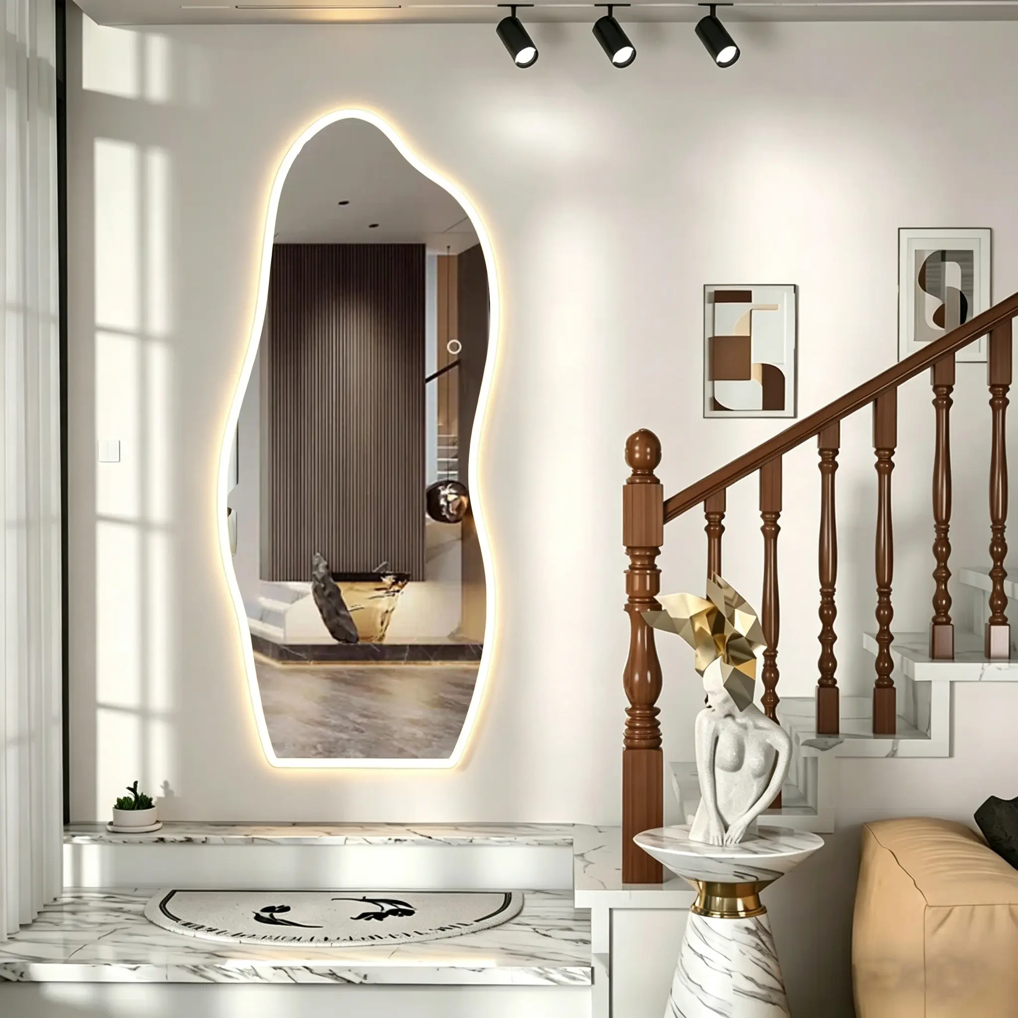 65"x25" Irregular Wavy LED Full Body Mirror, Tempered Glass Wall Mounted Mirror with 3 Color Lighting, Adjustable Brightness & Touch Control, Modern Bedroom Dressing Mirror for Home Decor, Coquette Style Room