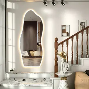 16565H01-Irregular Wavy LED Full Length Mirror, 65"x24" Wall Mounted Smart Body Mirror with 3 Color Dimmable Lights, Touch Control, Explosion-Proof Tempered Glass for Girls Bedroom, Coquette Aesthetic Room Decor