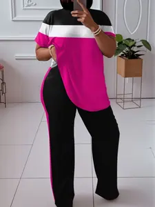 Women's Plus Size 2 Piece Outfits Tracksuits Color Block Casual Outfit - Comfortable Polyester Short Sleeve Top and Loose Wide Leg Pants Set, Machine Washable, Suitable for Fashion Casual Clothing Womenswear