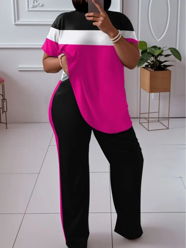 Women's 2 Piece Set, Plus Size Casual Color Block Polyester Outfit with Short Sleeve Top and Loose Wide Leg Pants, Fashion Apparel, Women's Fashion, 2 Piece Sets, Plus Size 2 Piece Sets