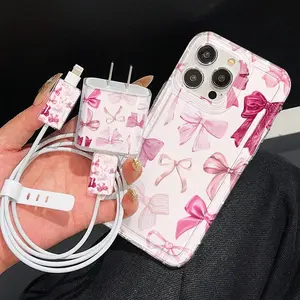 5-Piece Tpu Phone Case Set with Bow Decor + Charger Head Covers + Cable Protectors + Storage Strings, Protective, Fits iPhone 6 to 16 Pro Max, Ideal Birthday and Christmas Gifts for Couples and Teens