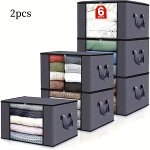 1pc/2pcs Large-capacity Folding Collapsible Storage Box, Clothes Storage Chest with Lid and Handle, Durable Non-woven Folding Organizer, Suitable for Wardrobes, Bedrooms, Travel - Space-saving Storage Container