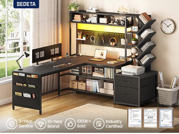SEDETA L Shaped Gaming Desk with Hutch, Convertible 97.6" Two Person Office Desk with Drawers and Bookshelf, Corner Computer Desk with Power Outlet, LED Lights, Pegboard