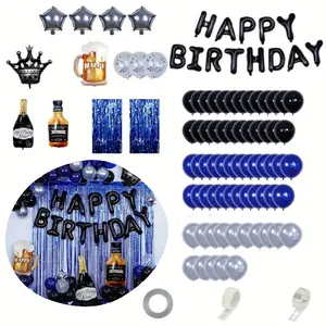 1 Set Balloon Decoration Kit Includes Balloons Ribbons Tassels and Fixing Tools for Gender-Neutral DIY Party Decor and Event Setup, Blue and Black Happy Birthday Decorations for Men, Birthday Decor with Banner