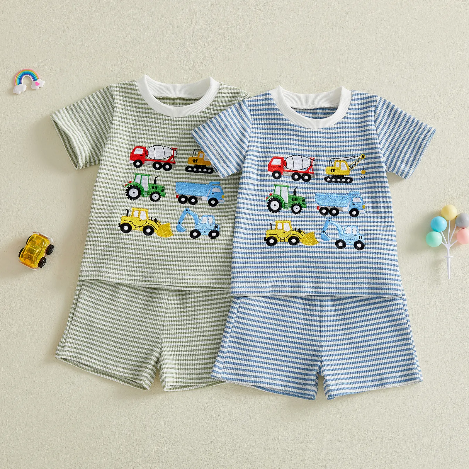 Toddler Baby Boy Summer Clothes Waffle Truck Embroidery Short Sleeve Tops T-Shirt and Shorts Sets Cute 2Pcs Outfits 6M-4Y