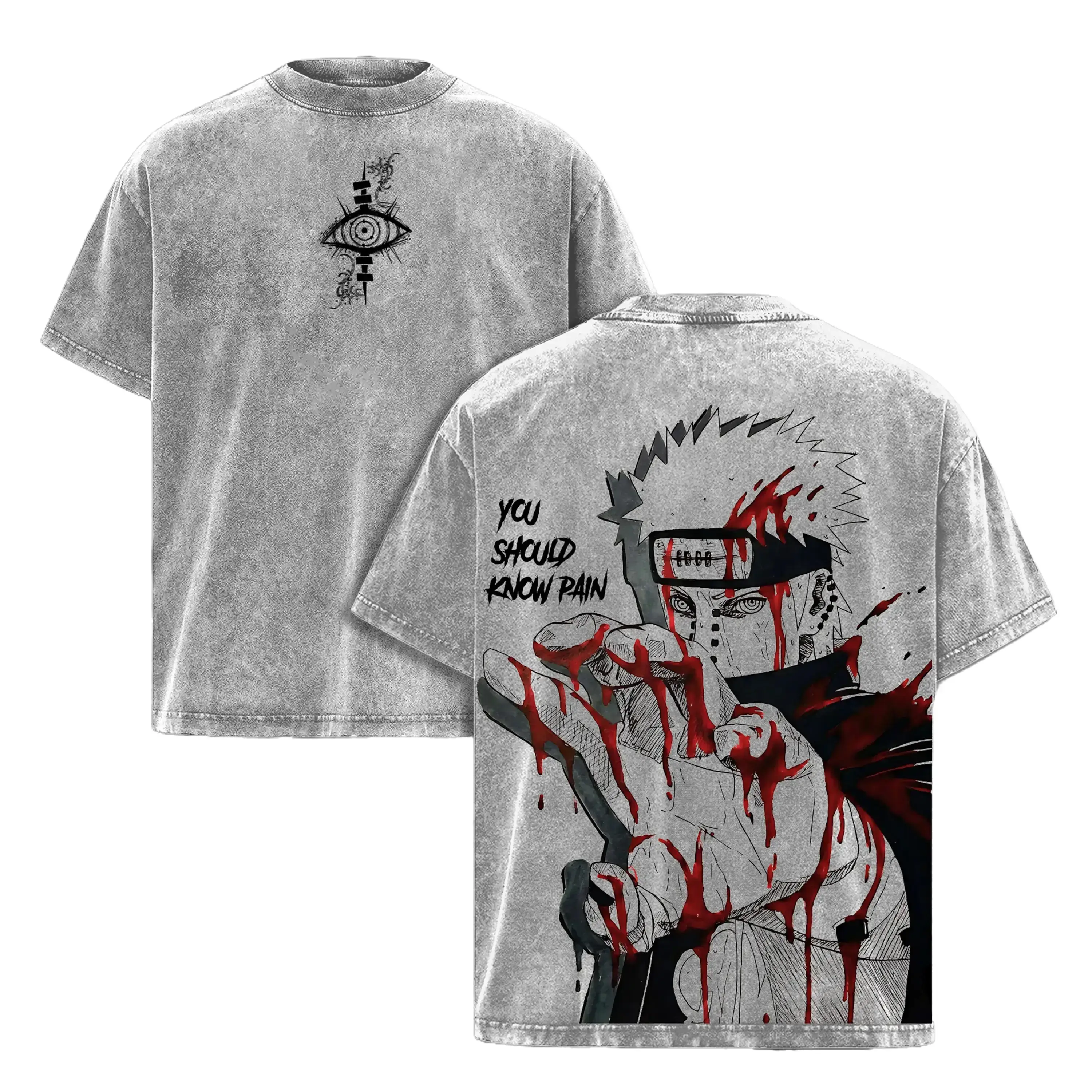 Pain Nagato Tee Washed – Narutoo Shippuden Vintage Washed Heavy Cotton Oversized Anime Manga T-Shirt, Double Printed Retro Unisex Streetwear Graphic Top, Akatsuki Rinnegan Edition